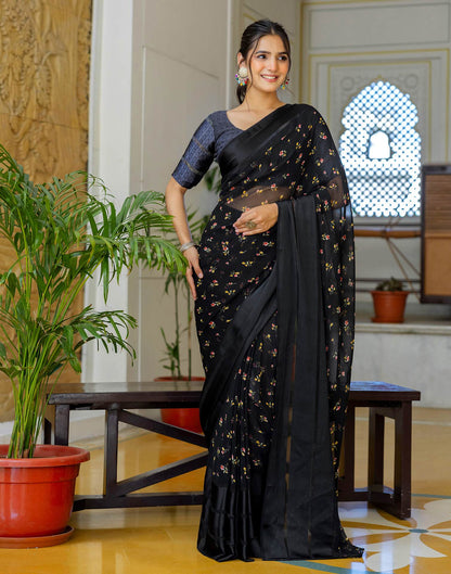 Ready To Wear Black Georgette Floral Printed Saree