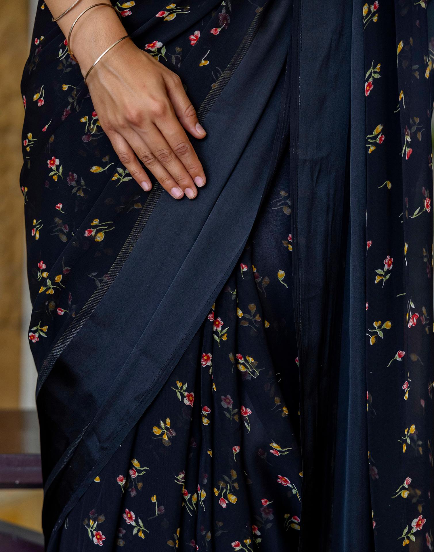 Ready To Wear Black Georgette Floral Printed Saree