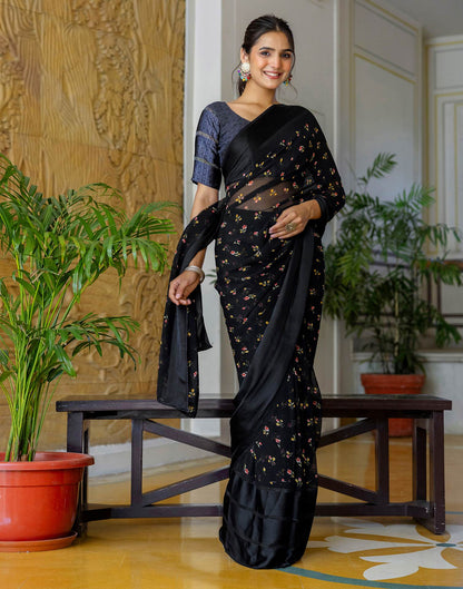 Ready To Wear Black Georgette Floral Printed Saree