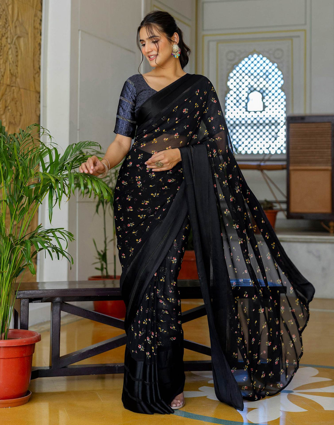 Ready To Wear Black Georgette Floral Printed Saree