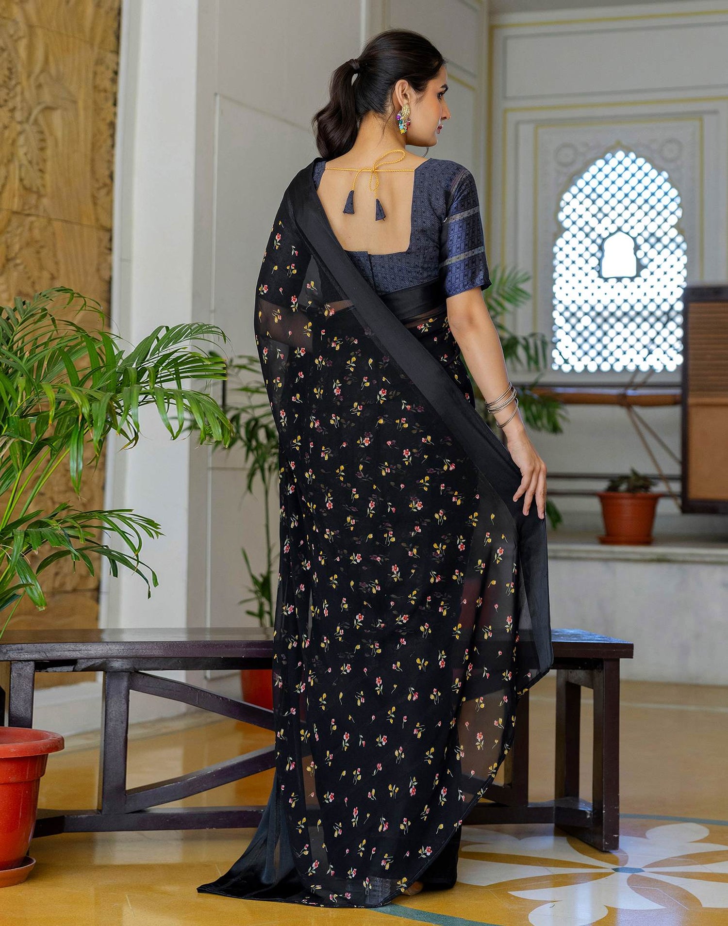 Ready To Wear Black Georgette Floral Printed Saree