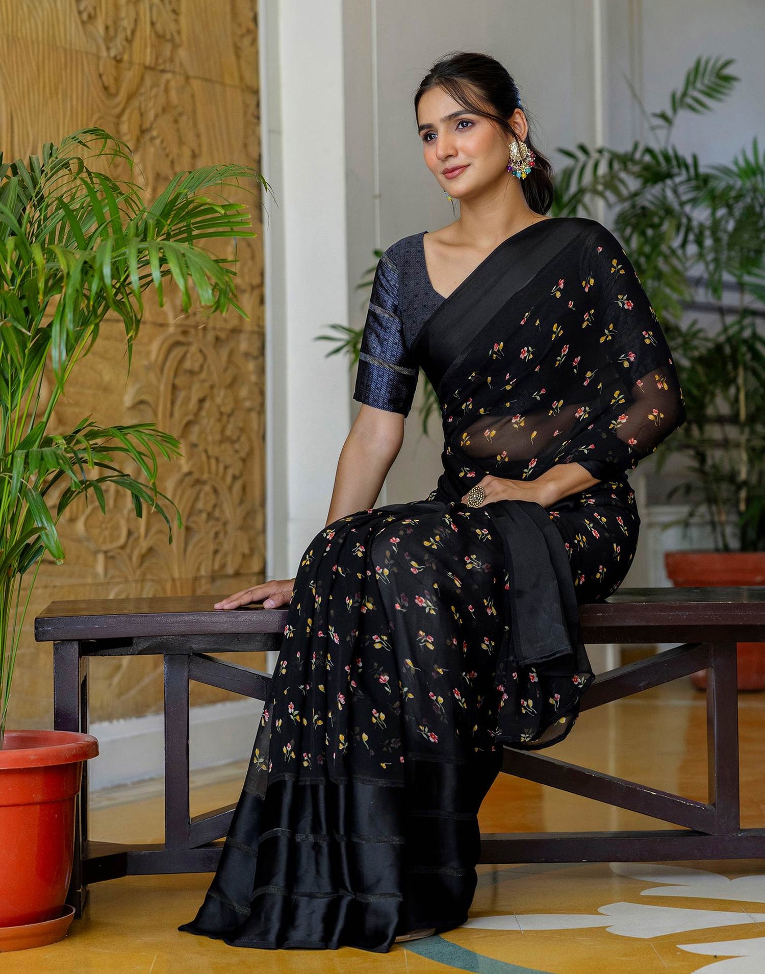 Ready To Wear Black Georgette Floral Printed Saree