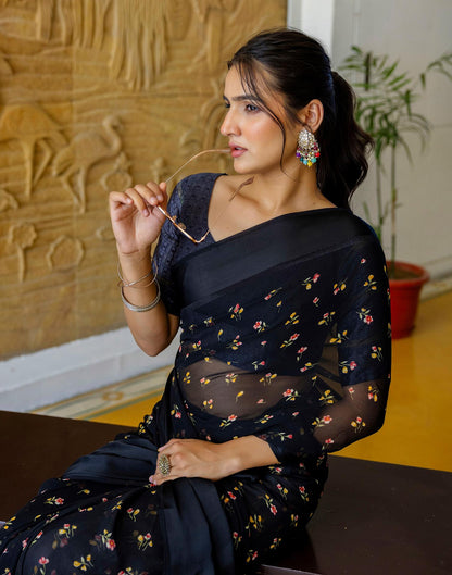 Ready To Wear Black Georgette Floral Printed Saree