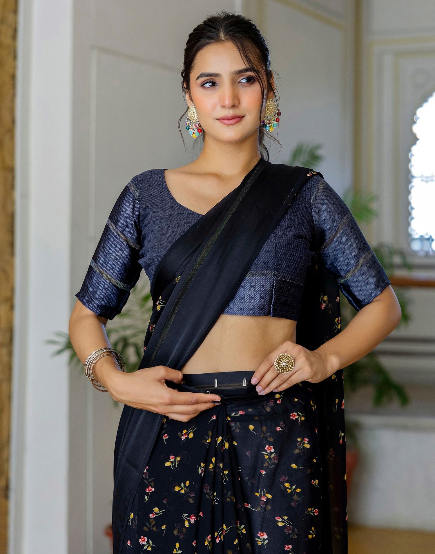Ready To Wear Black Georgette Floral Printed Saree