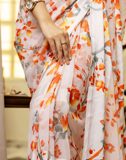 Ready To Wear White Georgette Floral Printed Saree