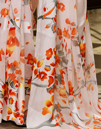 Ready To Wear White Georgette Floral Printed Saree