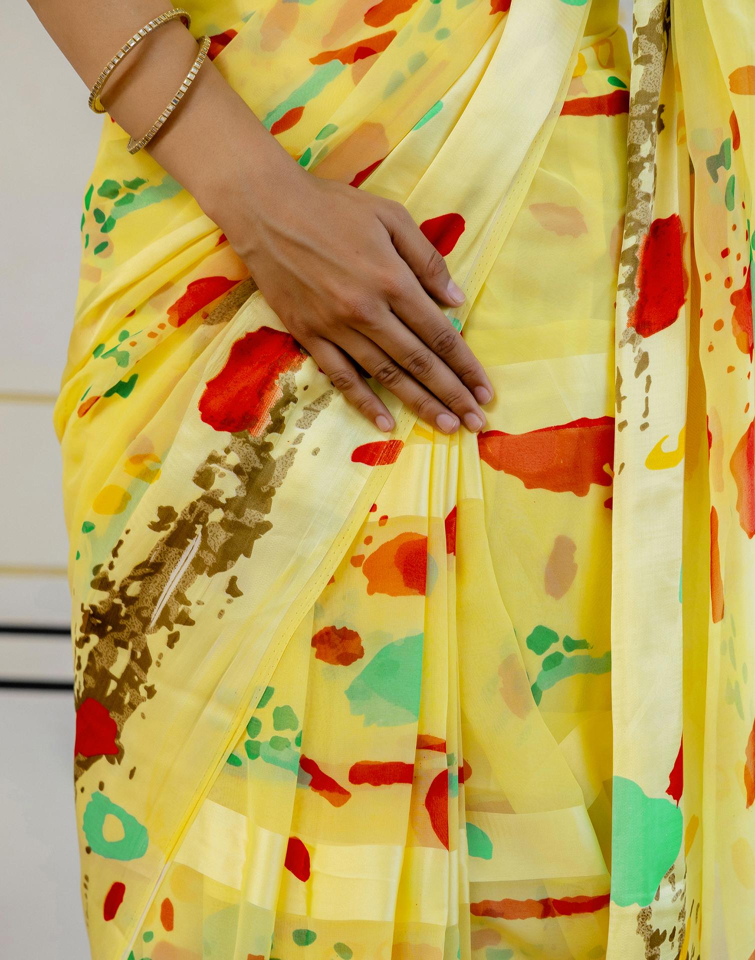Ready To Wear Light Yellow Georgette Printed Saree