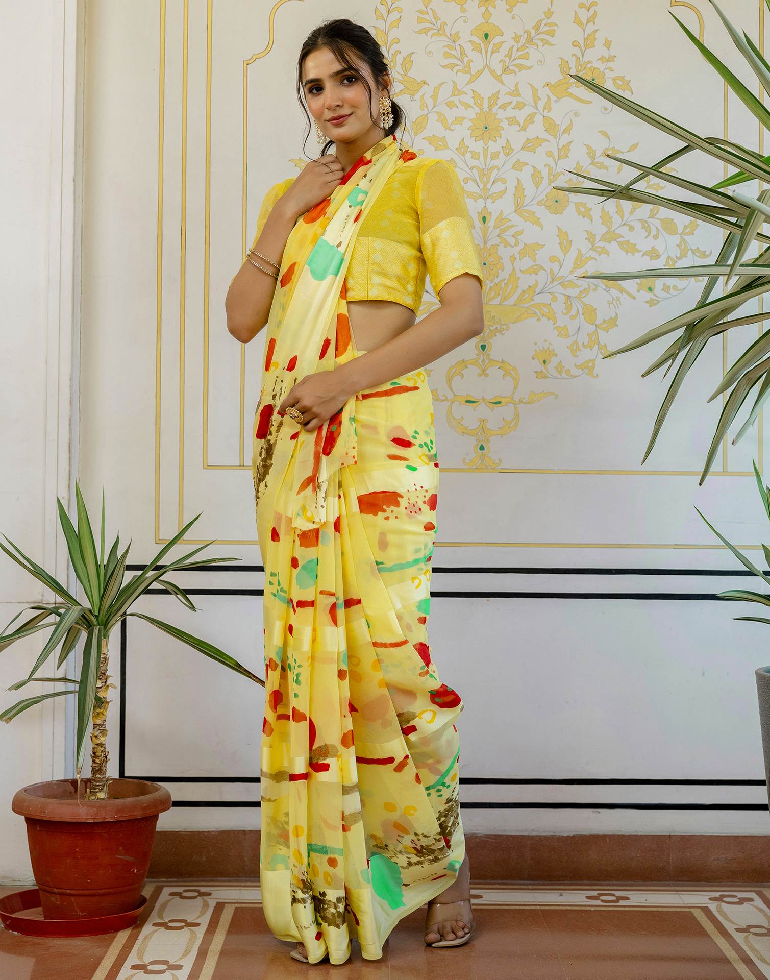 Ready To Wear Light Yellow Georgette Printed Saree