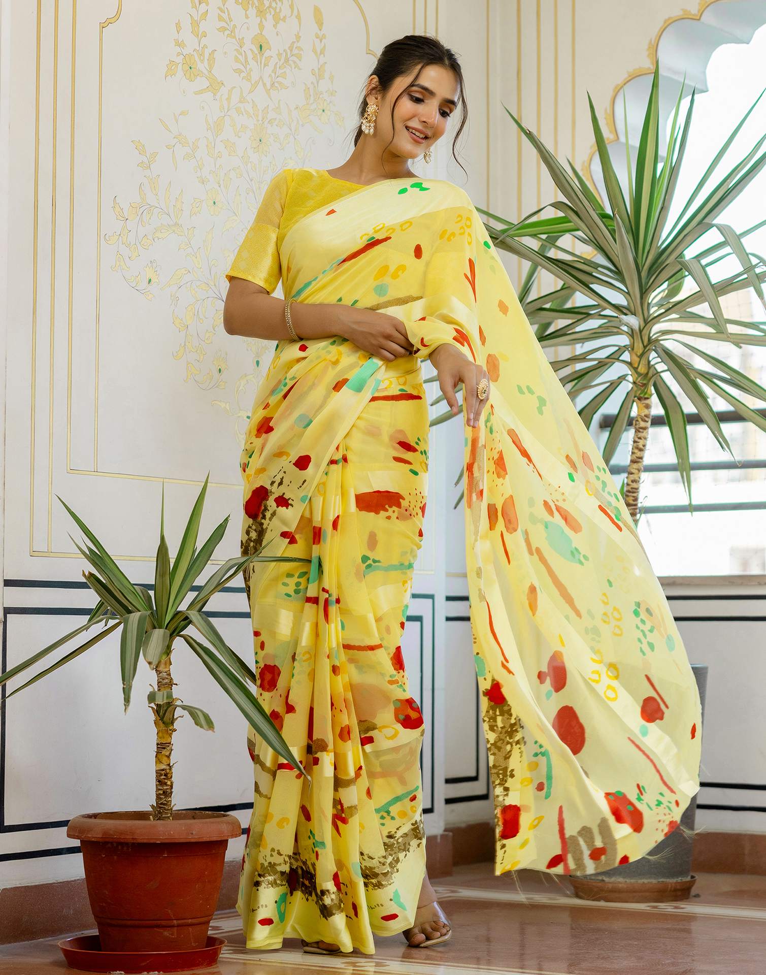 Ready To Wear Light Yellow Georgette Printed Saree