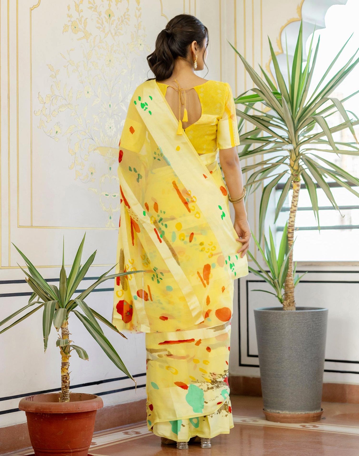 Ready To Wear Light Yellow Georgette Printed Saree