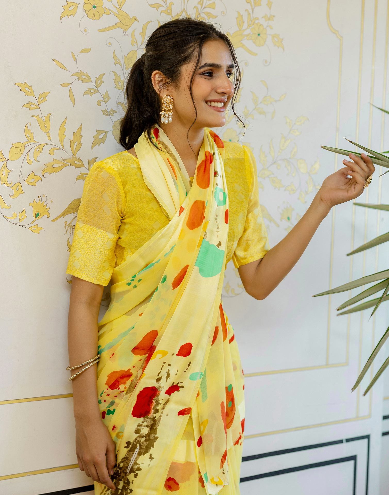 Ready To Wear Light Yellow Georgette Printed Saree