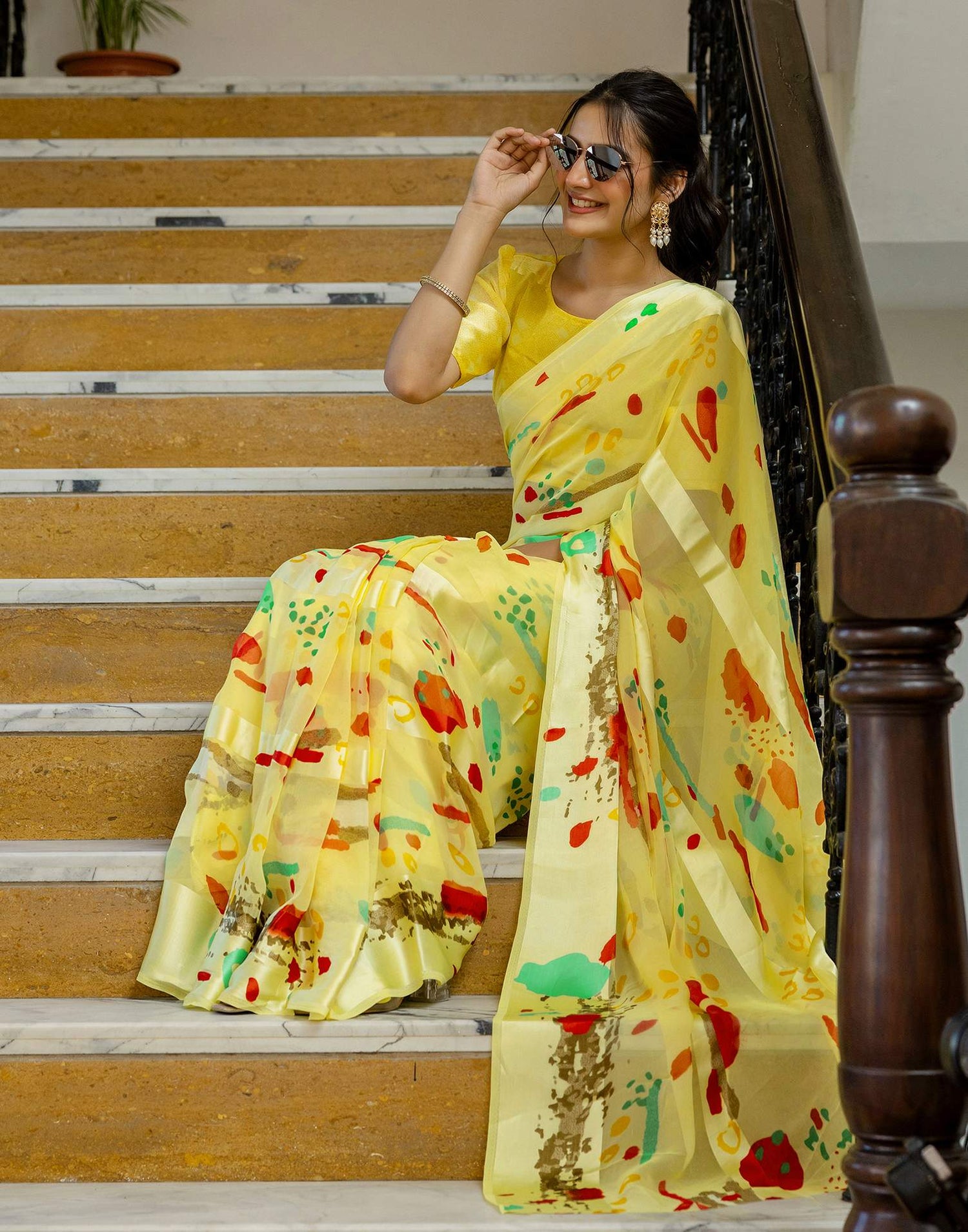 Ready To Wear Light Yellow Georgette Printed Saree