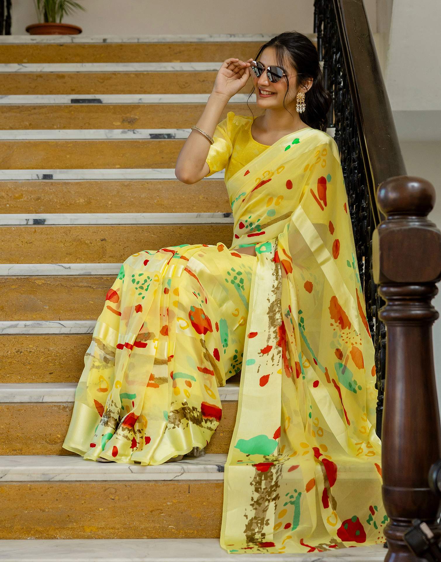Ready To Wear Light Yellow Georgette Printed Saree