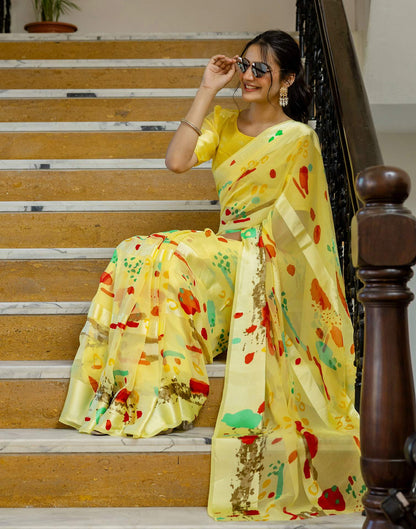 Ready To Wear Light Yellow Georgette Printed Saree