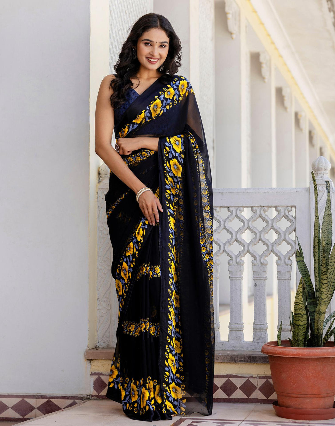 Ready To Wear Black Georgette Floral Printed Saree