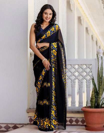 Ready To Wear Black Georgette Floral Printed Saree
