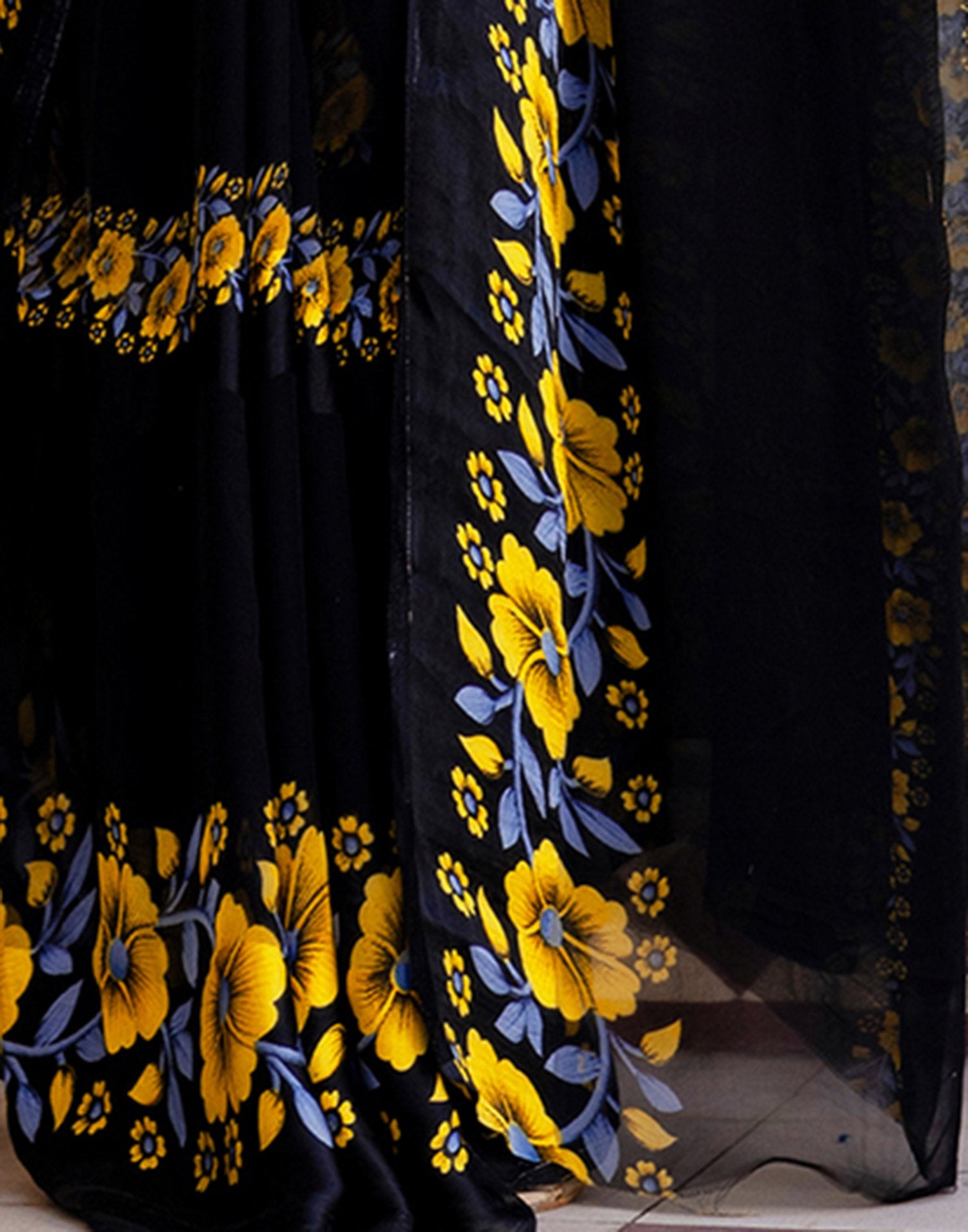 Ready To Wear Black Georgette Floral Printed Saree