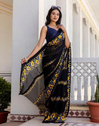 Ready To Wear Black Georgette Floral Printed Saree