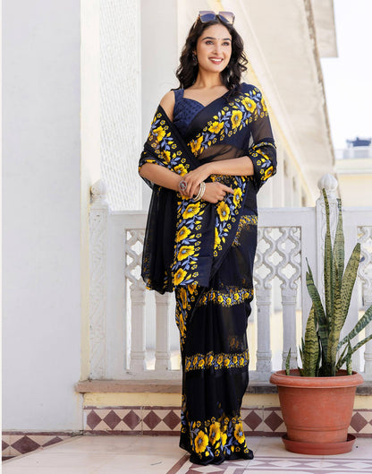 Ready To Wear Black Georgette Floral Printed Saree