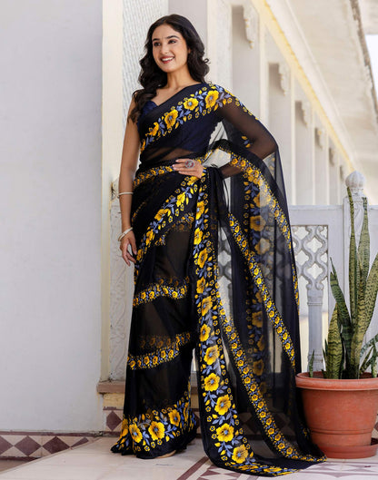 Ready To Wear Black Georgette Floral Printed Saree
