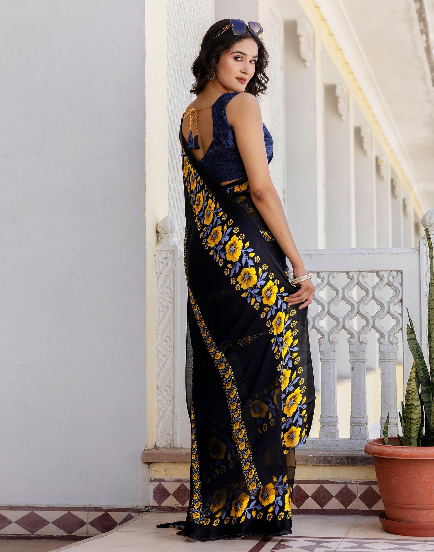 Ready To Wear Black Georgette Floral Printed Saree
