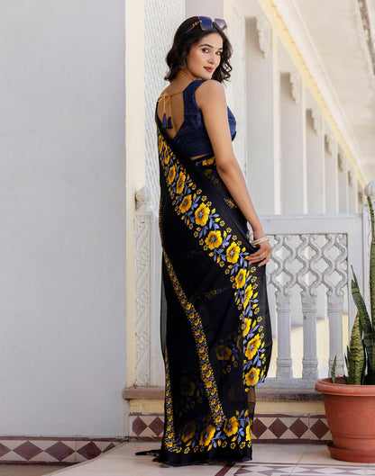 Ready To Wear Black Georgette Floral Printed Saree