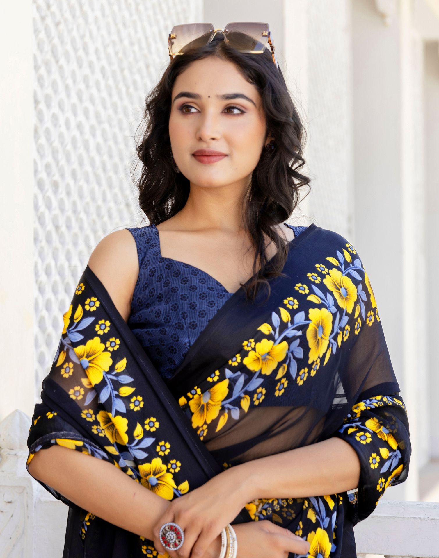 Ready To Wear Black Georgette Floral Printed Saree