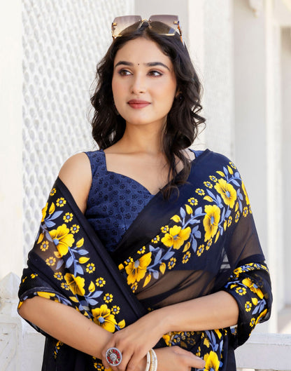 Ready To Wear Black Georgette Floral Printed Saree