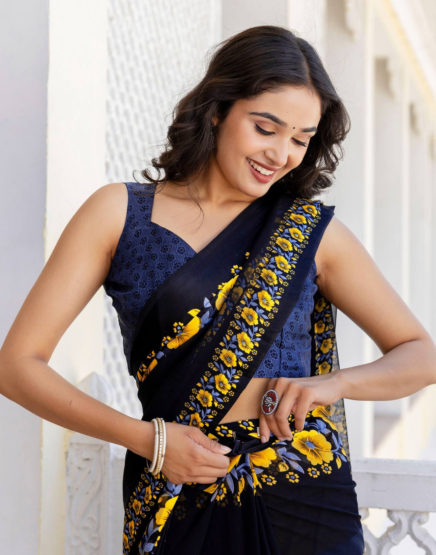 Ready To Wear Black Georgette Floral Printed Saree