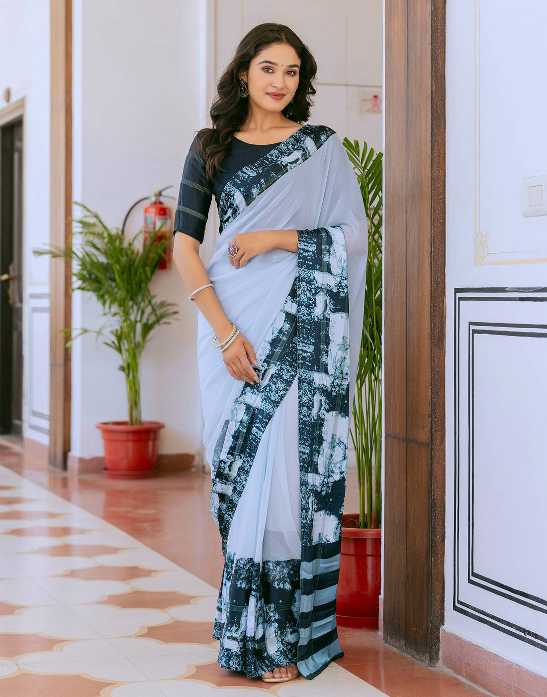 Ready To Wear Light Blue Georgette Printed Saree