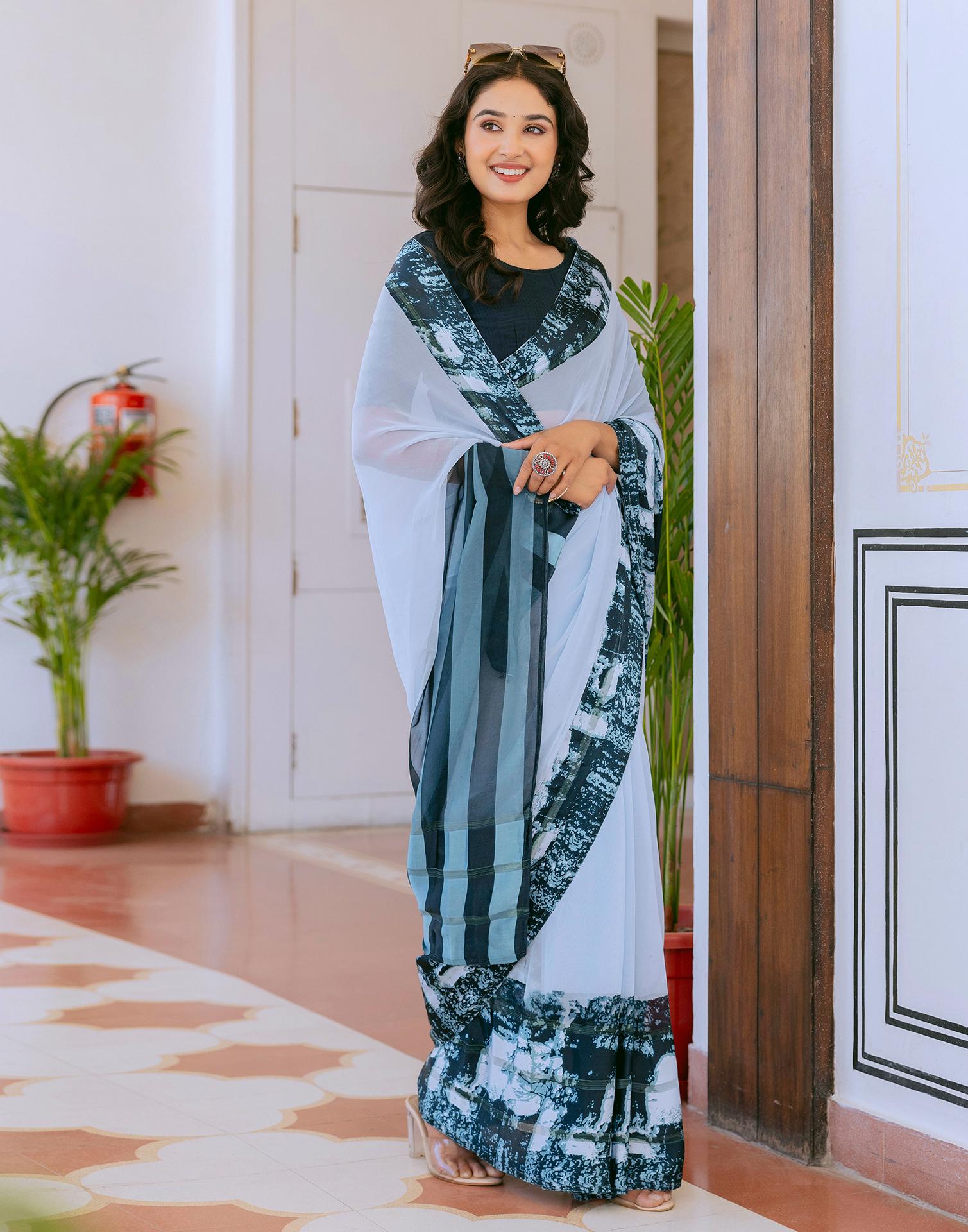Ready To Wear Light Blue Georgette Printed Saree