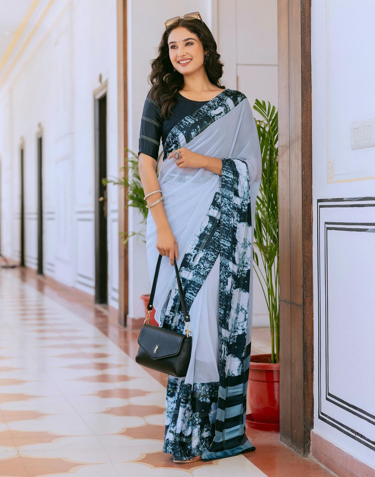 Ready To Wear Light Blue Georgette Printed Saree