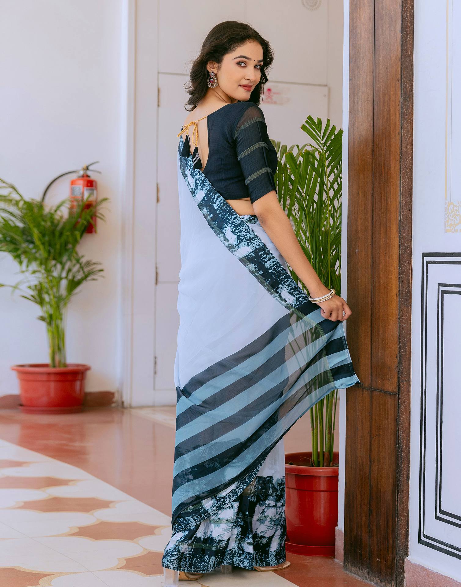 Ready To Wear Light Blue Georgette Printed Saree