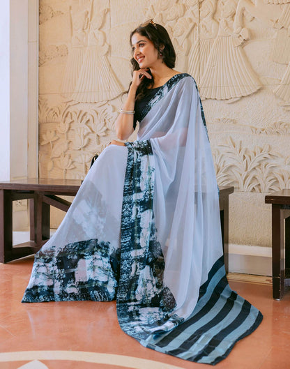 Ready To Wear Light Blue Georgette Printed Saree
