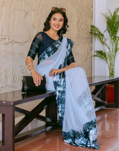 Ready To Wear Light Blue Georgette Printed Saree