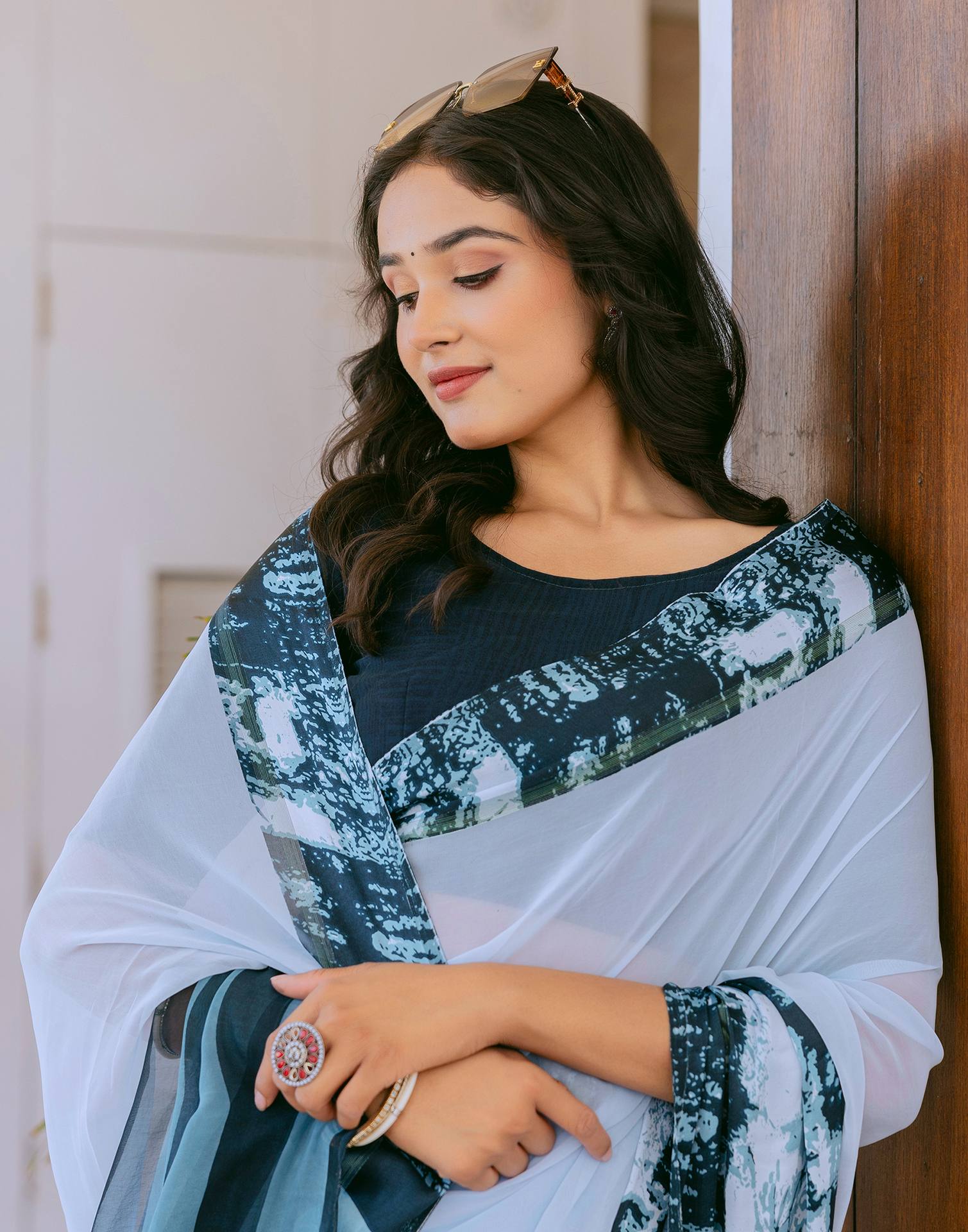 Ready To Wear Light Blue Georgette Printed Saree