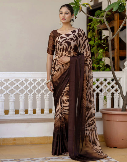 Ready To Wear Dark Brown Georgette Printed Saree