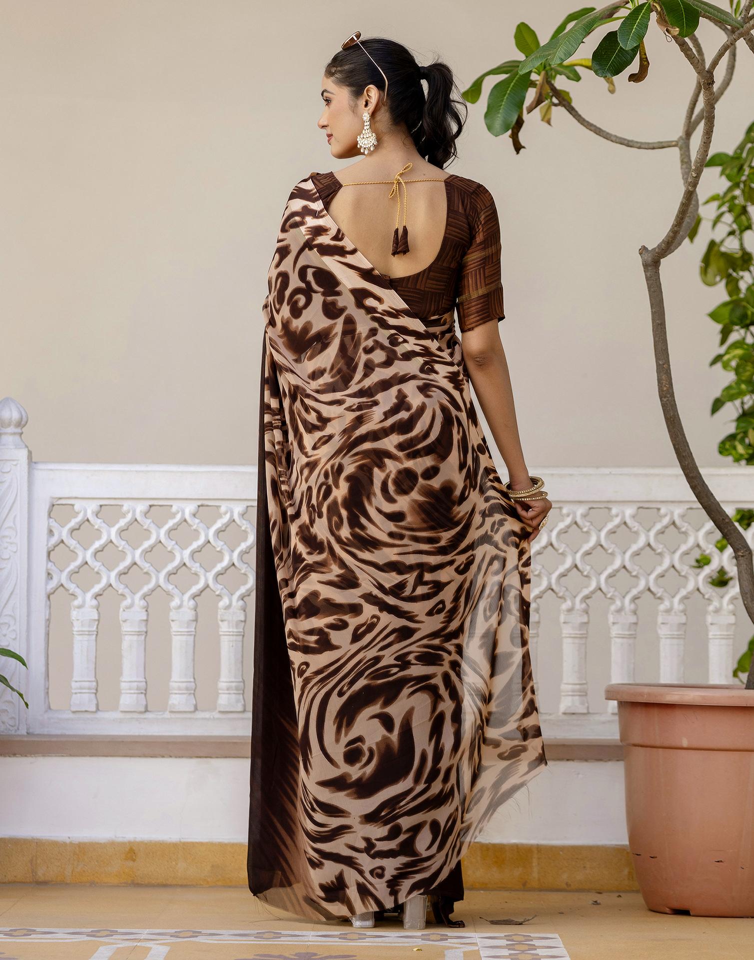Ready To Wear Dark Brown Georgette Printed Saree