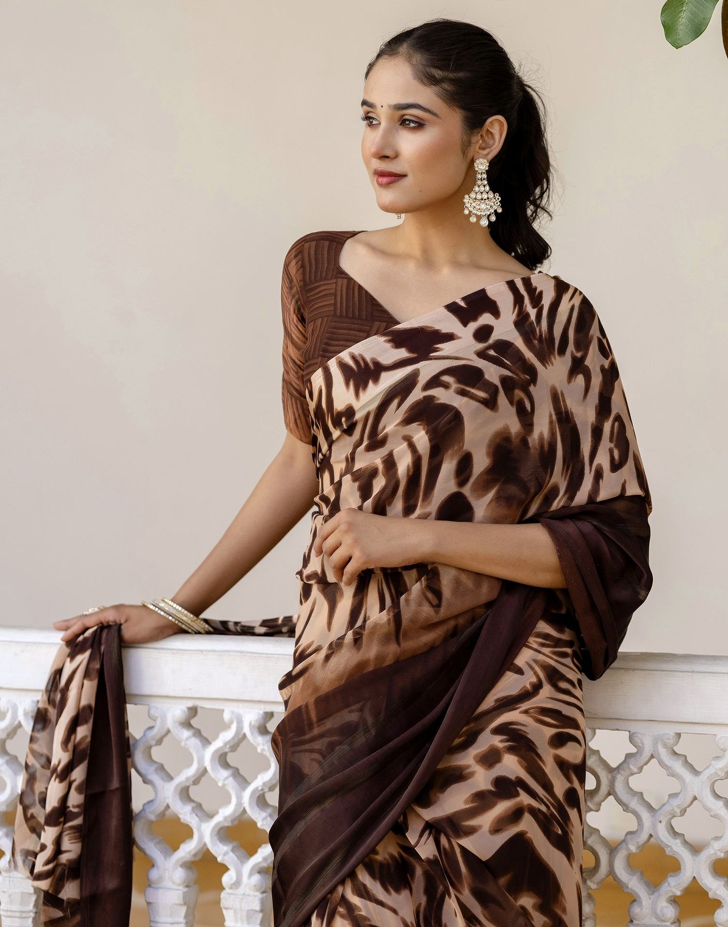 Ready To Wear Dark Brown Georgette Printed Saree