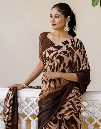 Ready To Wear Dark Brown Georgette Printed Saree