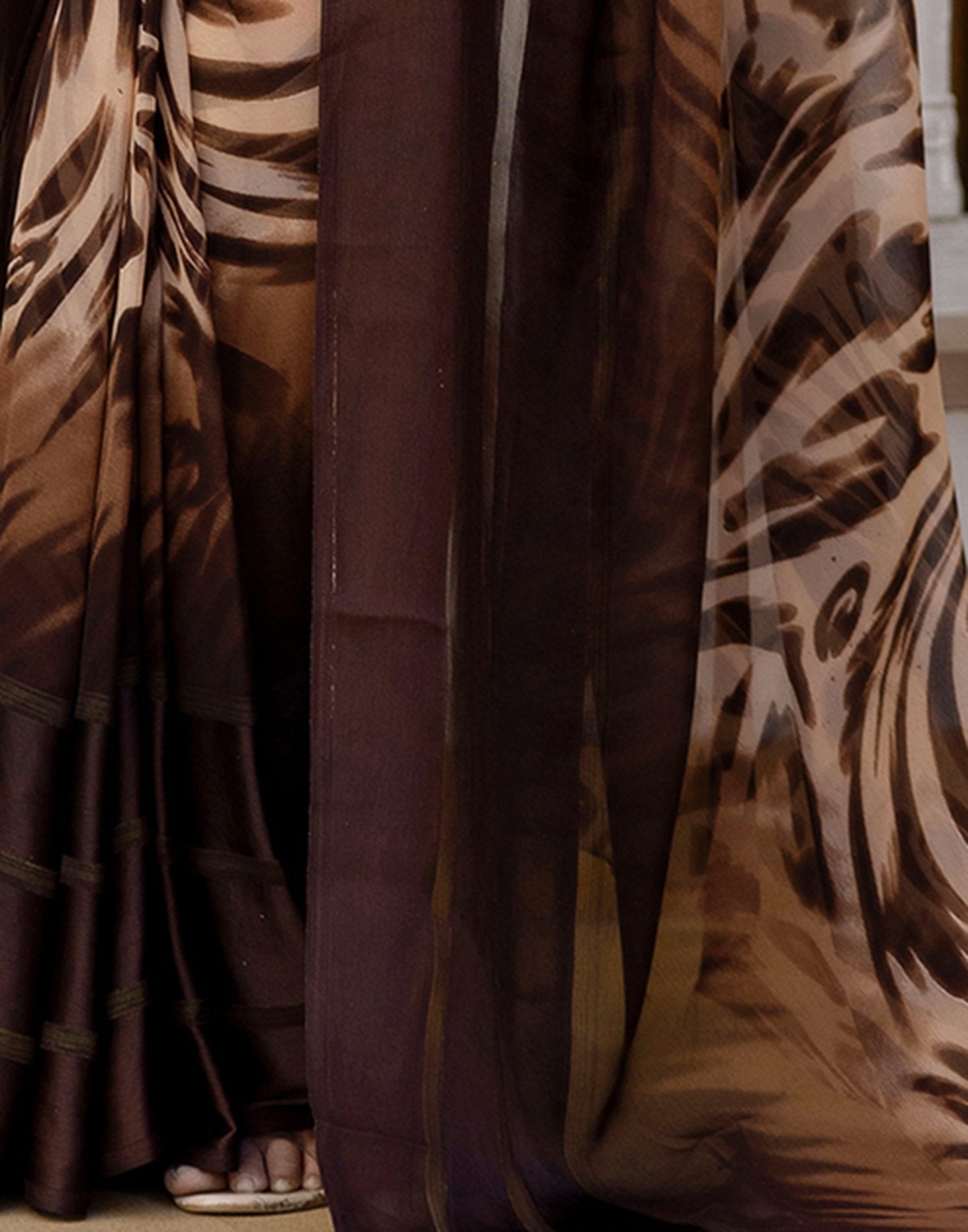 Ready To Wear Dark Brown Georgette Printed Saree