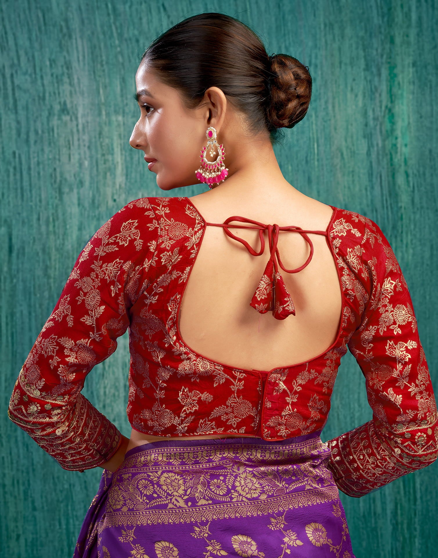 Red Silk Plain Embroidery Blouse