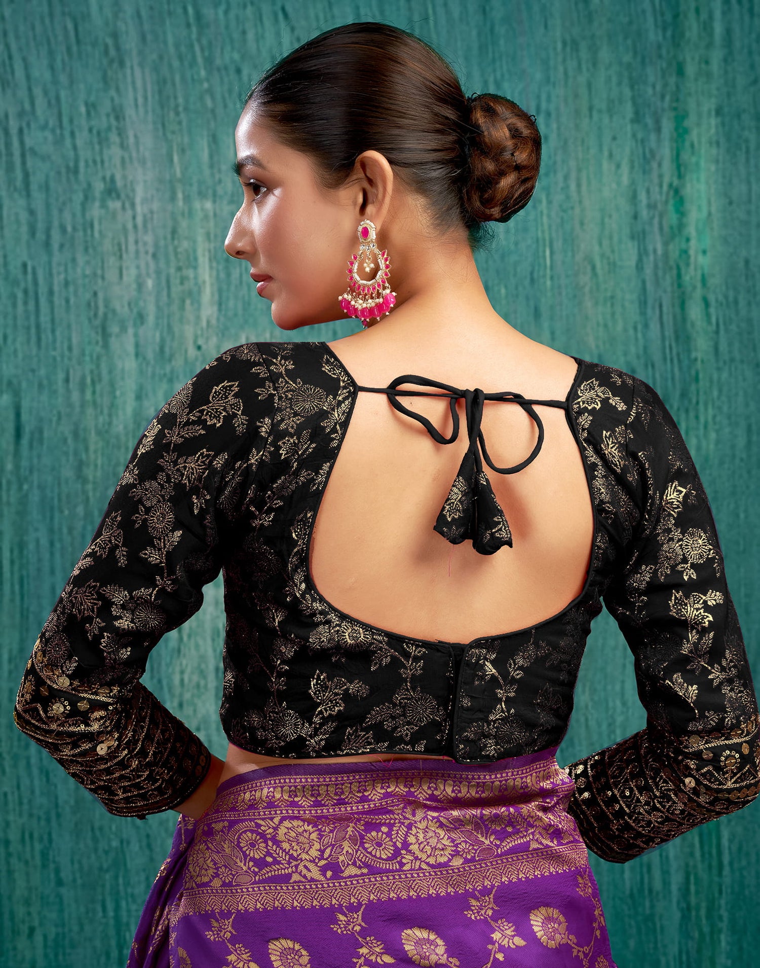 Black Silk Plain Embroidery Blouse