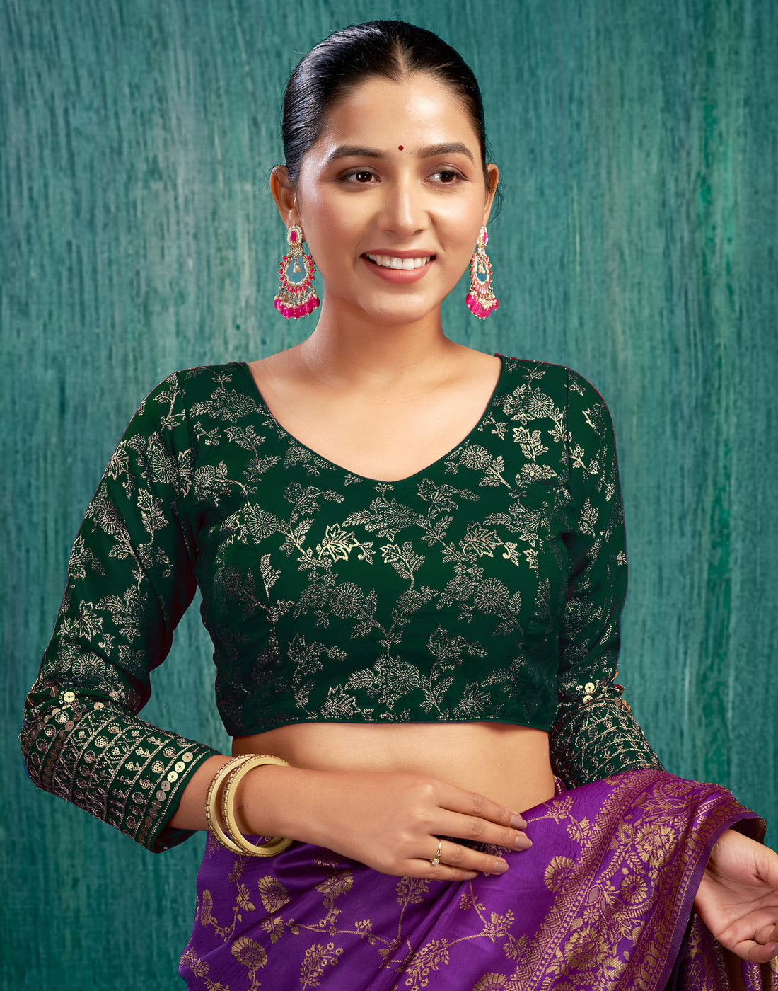 Dark Green Silk Plain Embroidery Blouse