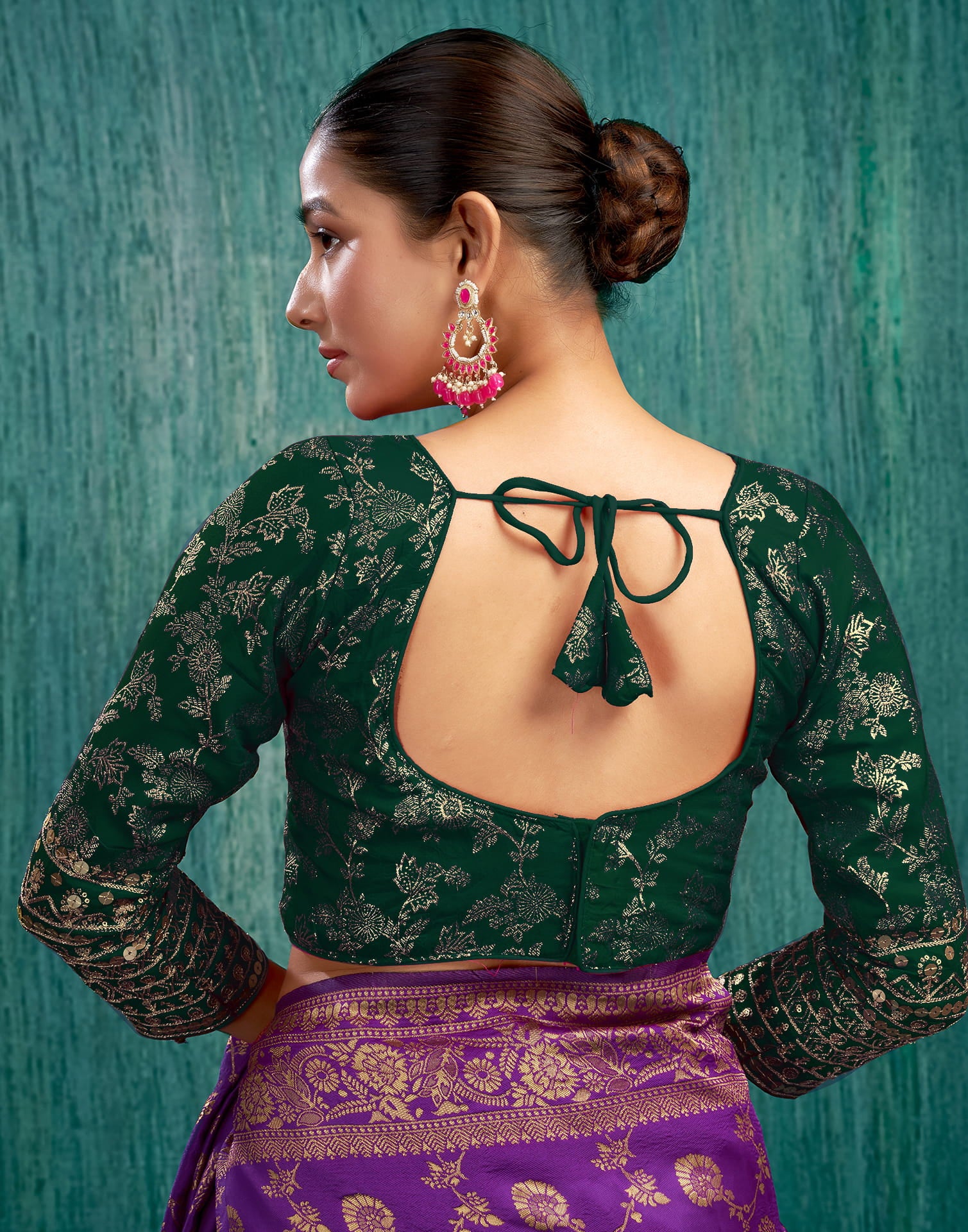 Dark Green Silk Plain Embroidery Blouse