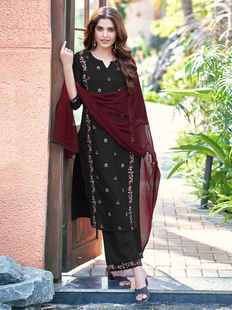 Maroon Rayon Embroidery Flared Kurta Set