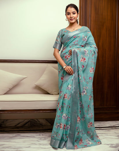 Ready To Wear Turquoise Linen Woven Border Floral Printed Saree