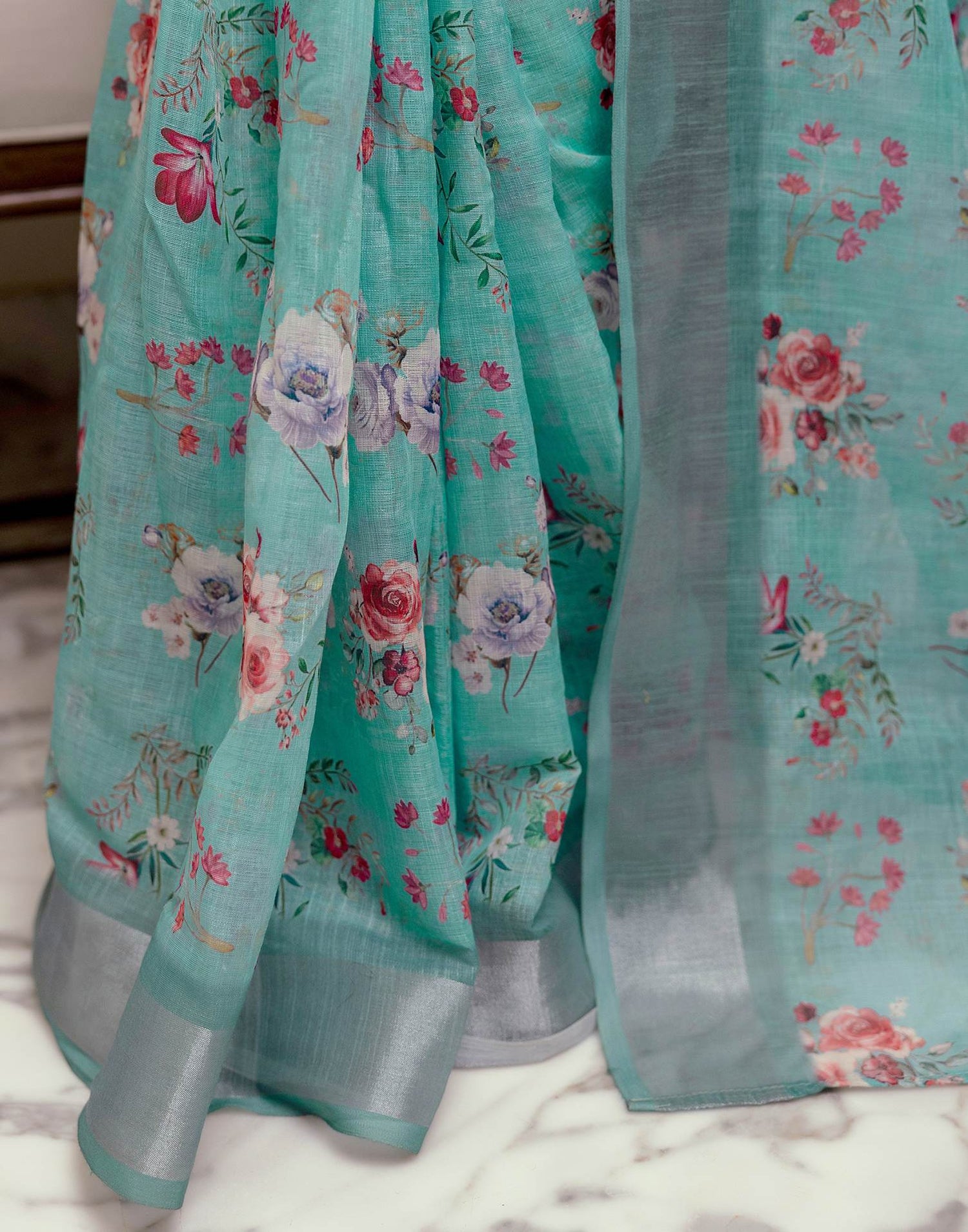 Ready To Wear Turquoise Linen Woven Border Floral Printed Saree
