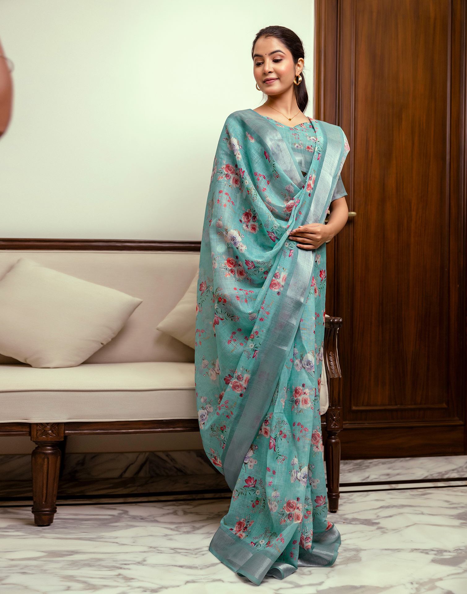 Ready To Wear Turquoise Linen Woven Border Floral Printed Saree
