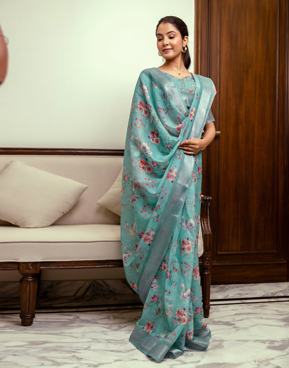 Ready To Wear Turquoise Linen Woven Border Floral Printed Saree